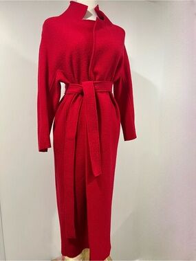 Maje Red Belted Maxi Knit coat